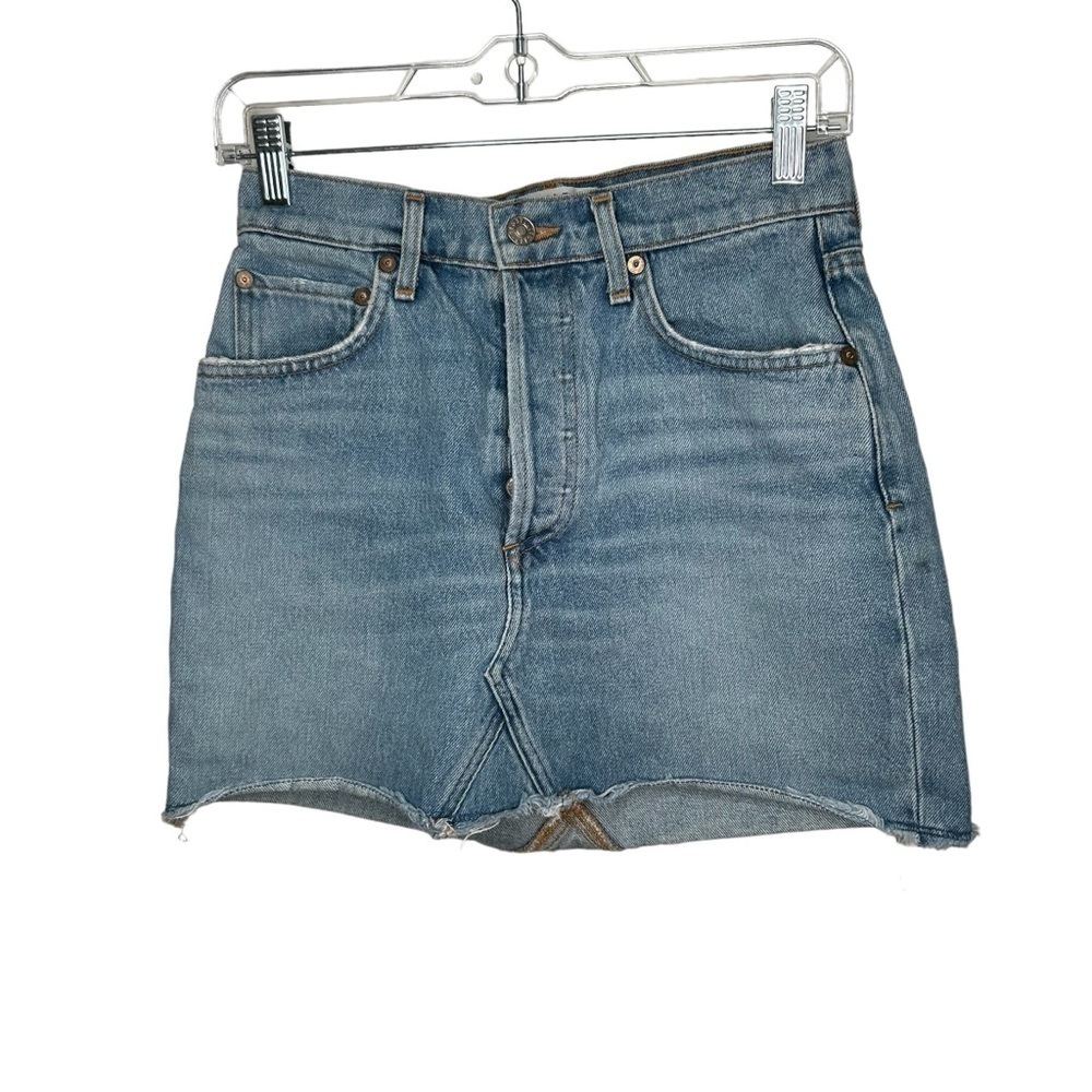 Agolde Womens Botton Fly Light-Medium Wash Raw Hem Mini Denim Skirt 25